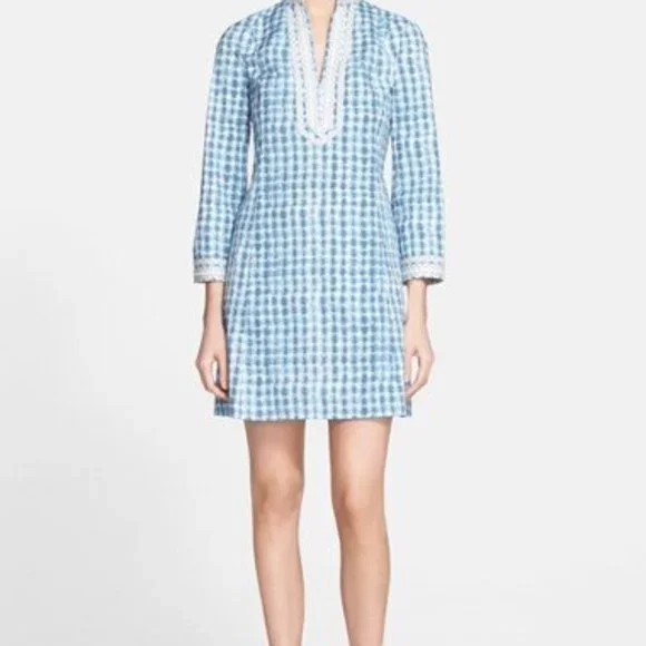 Tory Burch Blue Sonda Tie-Dye Stretch Tunic Mini Dress Size 2 Tunic Caftan Boho - Picture 2 of 13